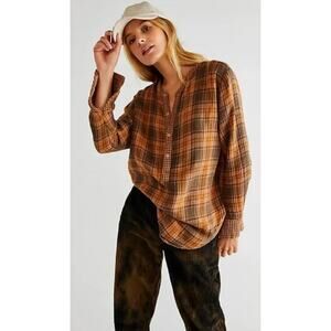 Free People CP SHADES Tree House Plaid Henley Pullover Shirt Top - Size M